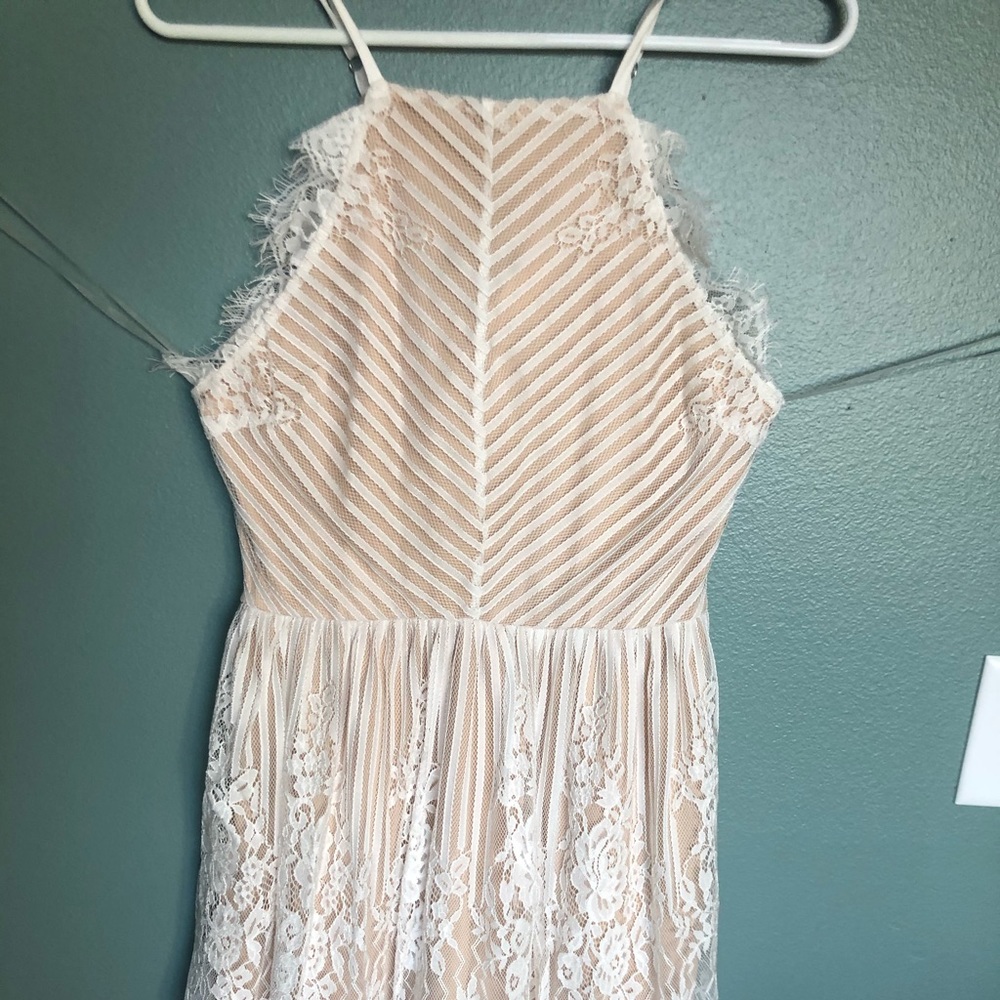 Nude with white lace overlay mini dress NWT